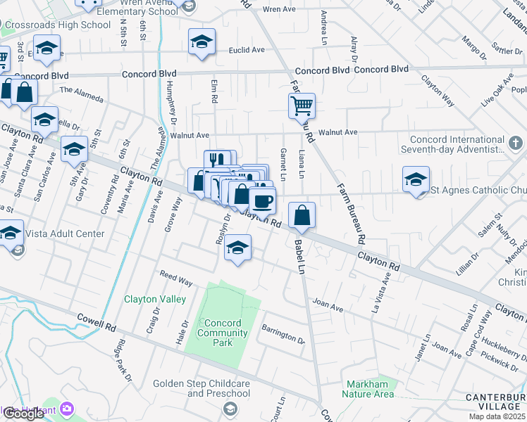 map of restaurants, bars, coffee shops, grocery stores, and more near 3531 Clayton Road in Concord