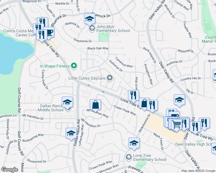 map of restaurants, bars, coffee shops, grocery stores, and more near 2097 Catalpa Way in Antioch
