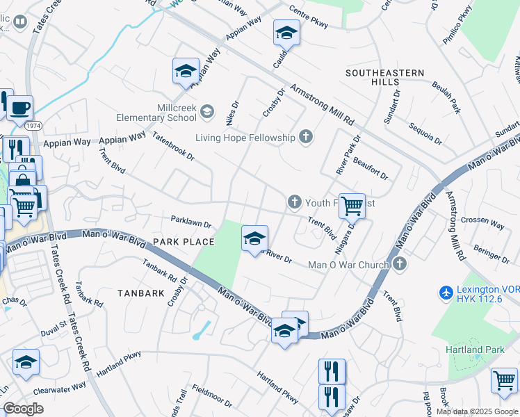 map of restaurants, bars, coffee shops, grocery stores, and more near Trent Blvd in Lexington
