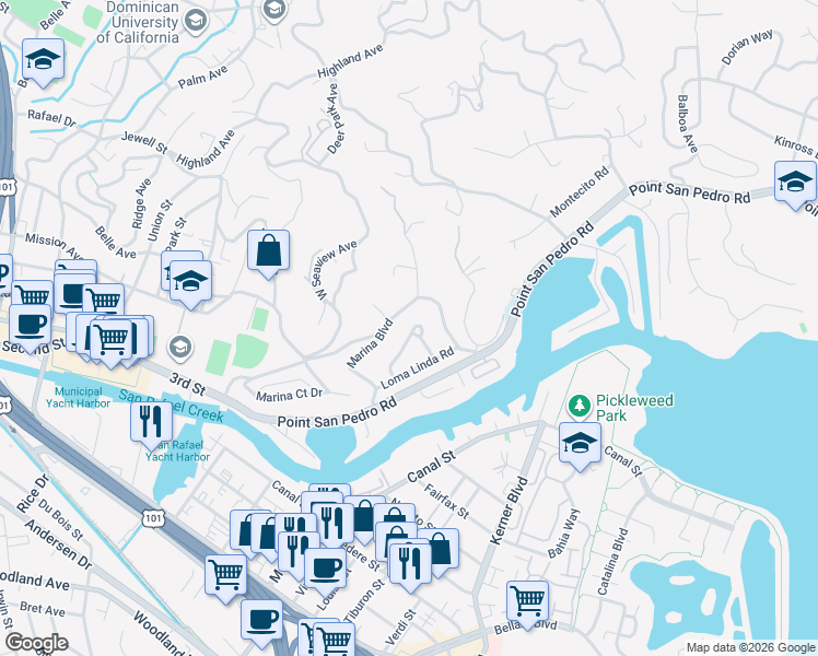 map of restaurants, bars, coffee shops, grocery stores, and more near 31 La Crescenta Way in San Rafael