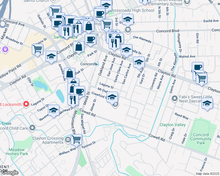 map of restaurants, bars, coffee shops, grocery stores, and more near 2860 Laguna Street in Concord
