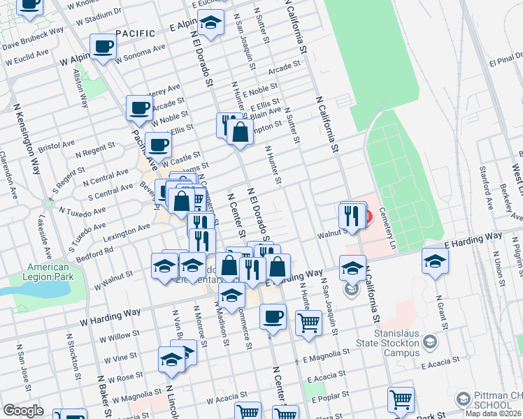 map of restaurants, bars, coffee shops, grocery stores, and more near 1905 North El Dorado Street in Stockton