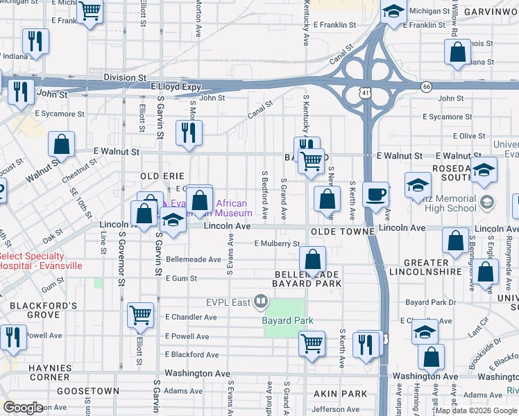 map of restaurants, bars, coffee shops, grocery stores, and more near 517 S Bedford Ave in Evansville