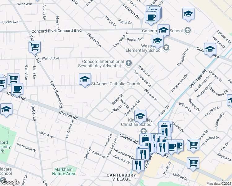 map of restaurants, bars, coffee shops, grocery stores, and more near 4002 Houston Court in Concord