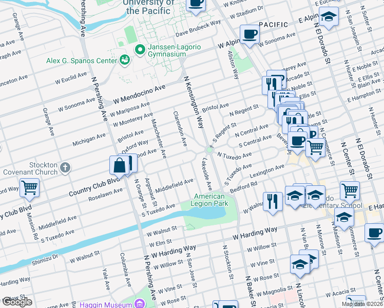 map of restaurants, bars, coffee shops, grocery stores, and more near 1006 North Country Club Boulevard in Stockton