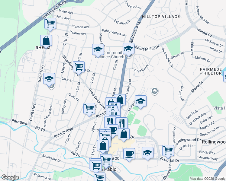map of restaurants, bars, coffee shops, grocery stores, and more near 2831 21st Street in San Pablo