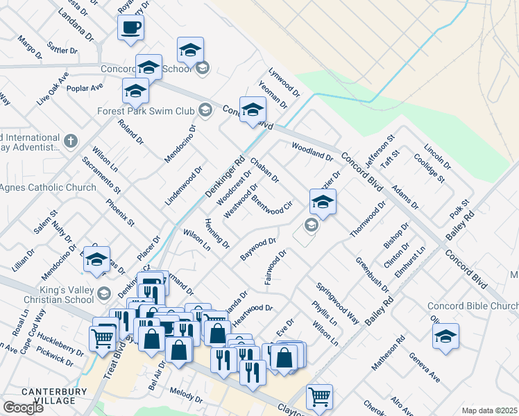 map of restaurants, bars, coffee shops, grocery stores, and more near 4248 Brentwood Circle in Concord