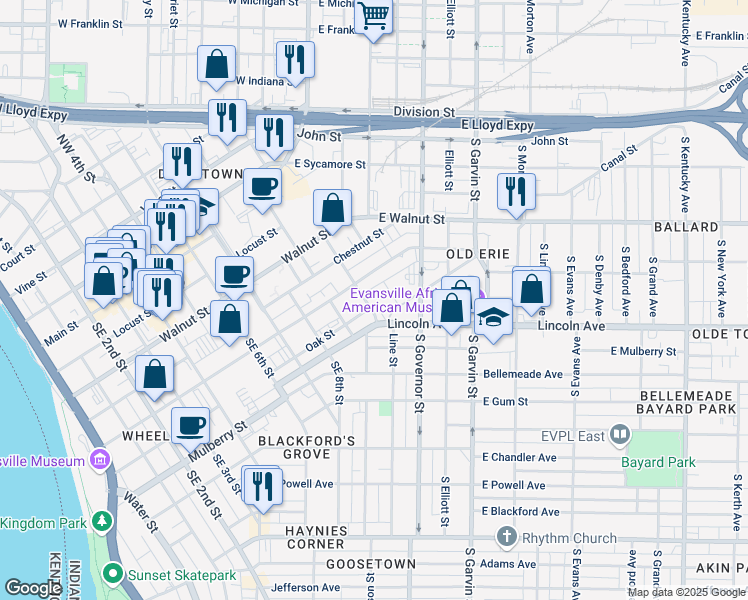 map of restaurants, bars, coffee shops, grocery stores, and more near 420 Southeast 10th Street in Evansville