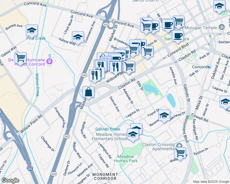map of restaurants, bars, coffee shops, grocery stores, and more near 1670 Clayton Road in Concord