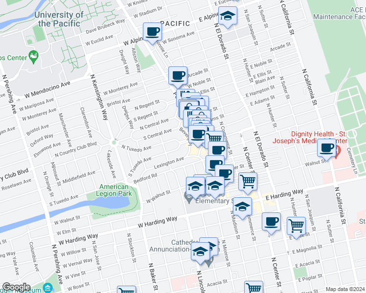 map of restaurants, bars, coffee shops, grocery stores, and more near 326 Tuxedo Court in Stockton
