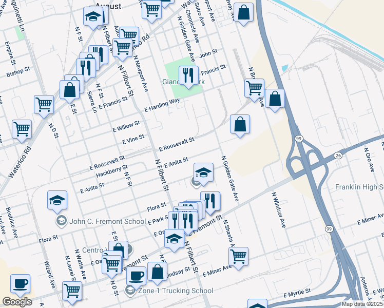 map of restaurants, bars, coffee shops, grocery stores, and more near 2731 East Anita Street in Stockton