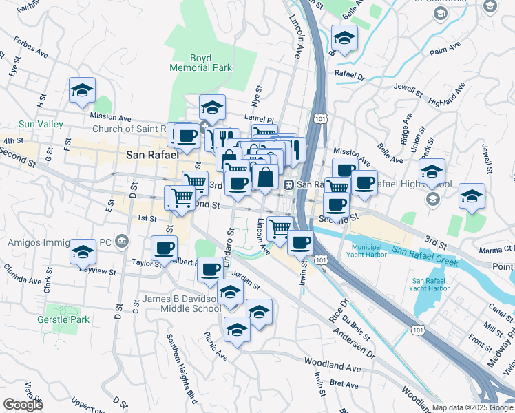 map of restaurants, bars, coffee shops, grocery stores, and more near 34 Ritter Street in San Rafael