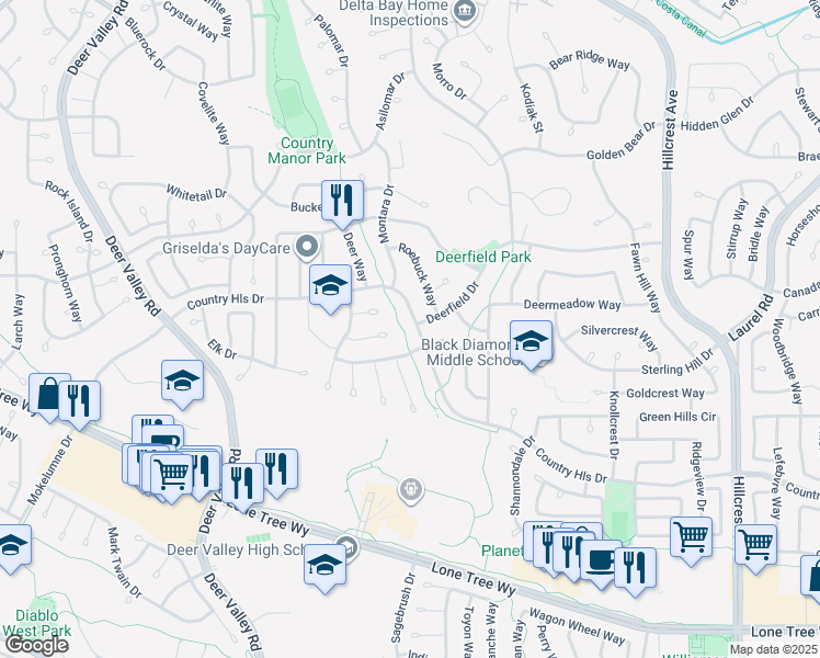 map of restaurants, bars, coffee shops, grocery stores, and more near 4632 Country Hills Drive in Antioch