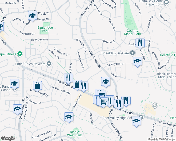 map of restaurants, bars, coffee shops, grocery stores, and more near 4608 Fallow Way in Antioch