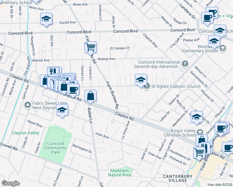 map of restaurants, bars, coffee shops, grocery stores, and more near 1579 Farm Bureau Road in Concord