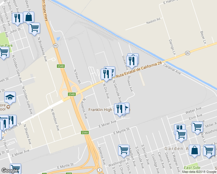 map of restaurants, bars, coffee shops, grocery stores, and more near 716 North Oro Avenue in Stockton