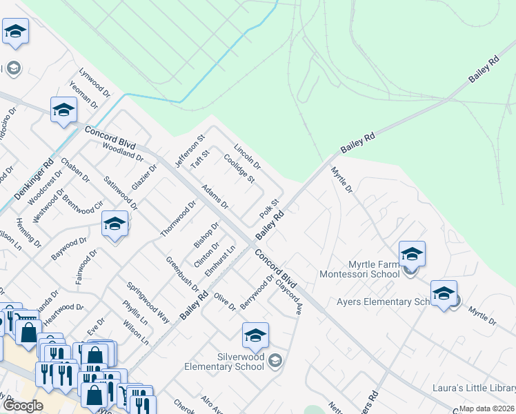 map of restaurants, bars, coffee shops, grocery stores, and more near 1837 Polk Street in Concord