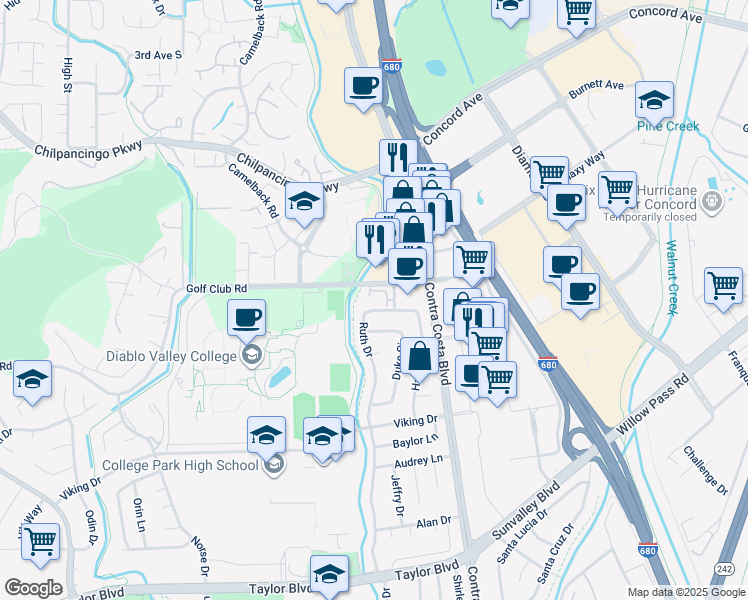 map of restaurants, bars, coffee shops, grocery stores, and more near 141 Golf Club Road in Pleasant Hill