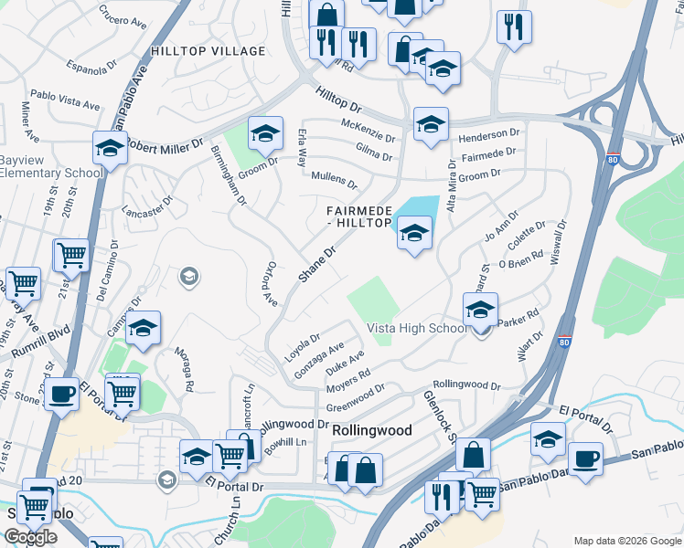 map of restaurants, bars, coffee shops, grocery stores, and more near 3023 Hull Drive in Richmond