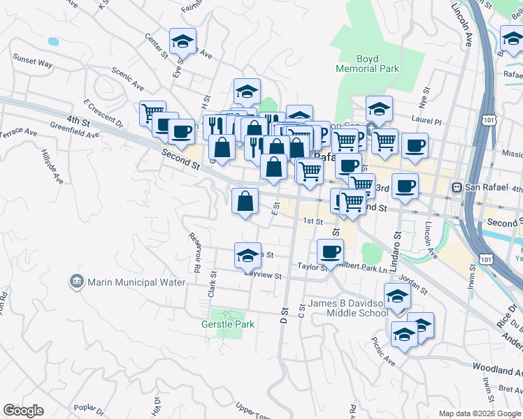 map of restaurants, bars, coffee shops, grocery stores, and more near 16 Welch Street in San Rafael