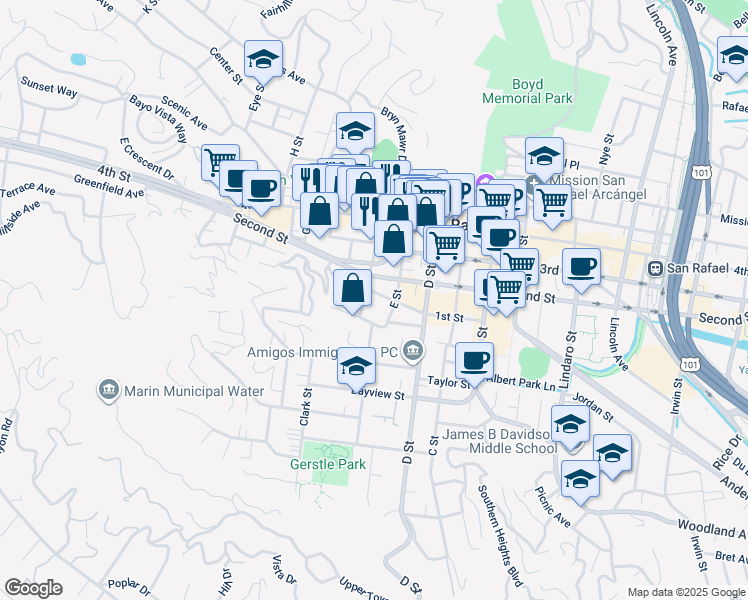 map of restaurants, bars, coffee shops, grocery stores, and more near 16 Welch Street in San Rafael