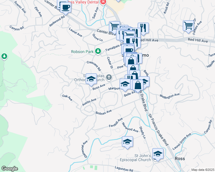 map of restaurants, bars, coffee shops, grocery stores, and more near 121 Ross Avenue in San Anselmo