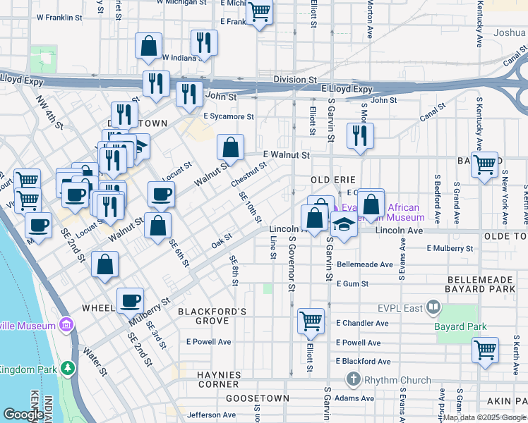 map of restaurants, bars, coffee shops, grocery stores, and more near 420 Southeast 10th Street in Evansville