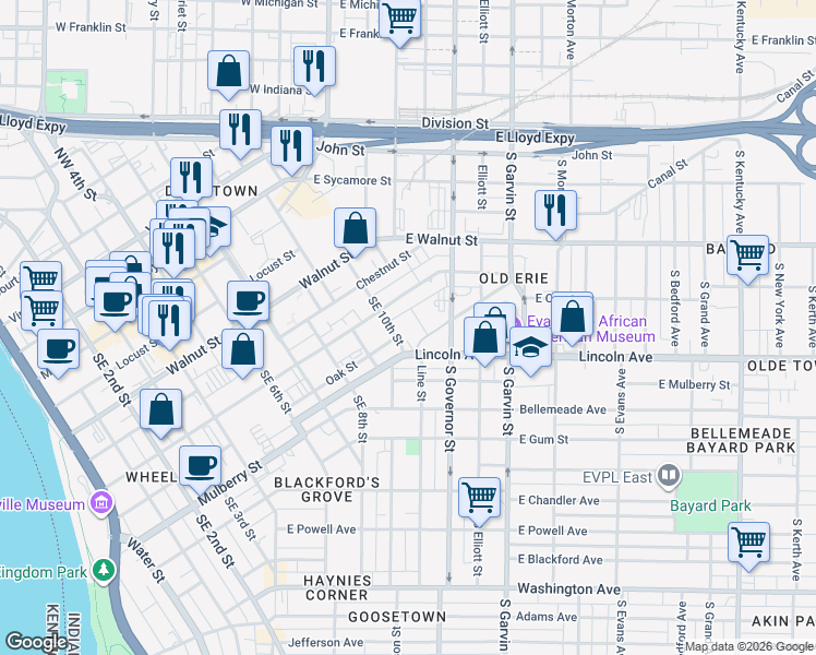 map of restaurants, bars, coffee shops, grocery stores, and more near 420 Southeast 10th Street in Evansville