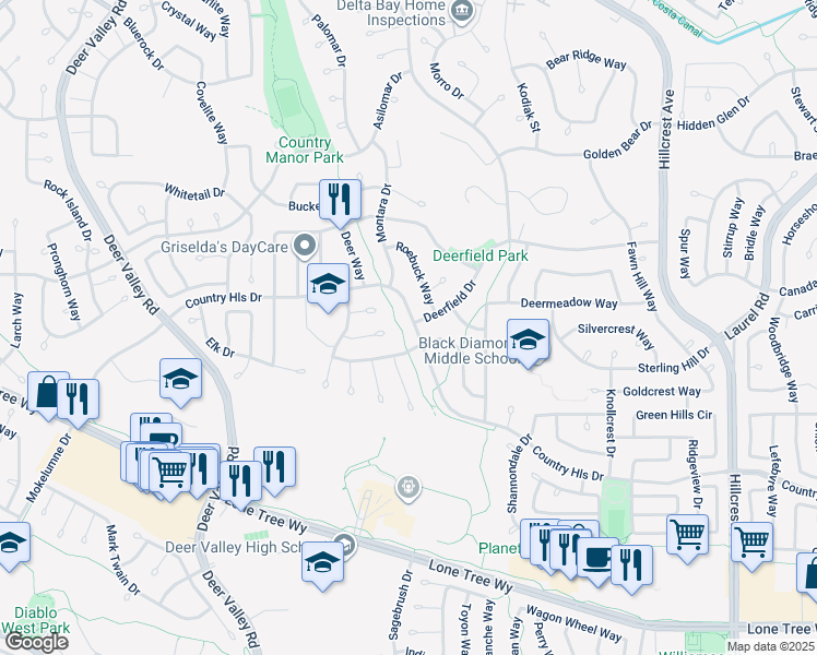 map of restaurants, bars, coffee shops, grocery stores, and more near 4632 Country Hills Drive in Antioch