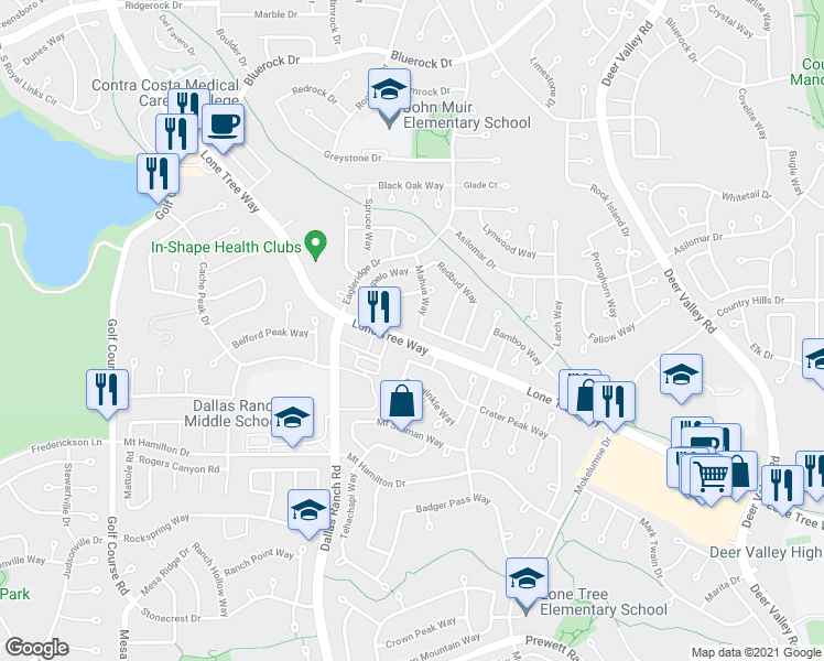map of restaurants, bars, coffee shops, grocery stores, and more near 2016 Eucalyptus Way in Antioch