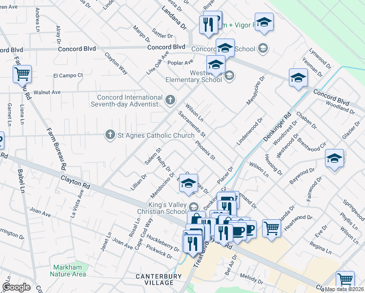 map of restaurants, bars, coffee shops, grocery stores, and more near 4076 Salem Street in Concord