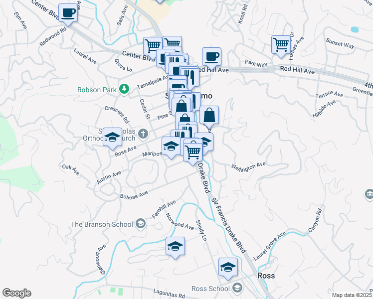 map of restaurants, bars, coffee shops, grocery stores, and more near 121 San Anselmo Avenue in San Anselmo