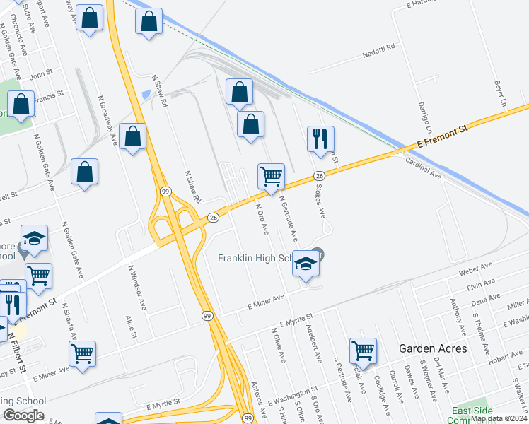 map of restaurants, bars, coffee shops, grocery stores, and more near 716 North Oro Avenue in Stockton
