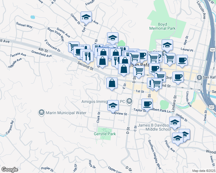 map of restaurants, bars, coffee shops, grocery stores, and more near 4 Jones Place in San Rafael