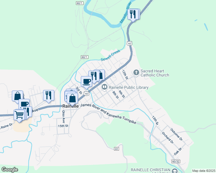 map of restaurants, bars, coffee shops, grocery stores, and more near 304 Surbaugh Ave in Rainelle