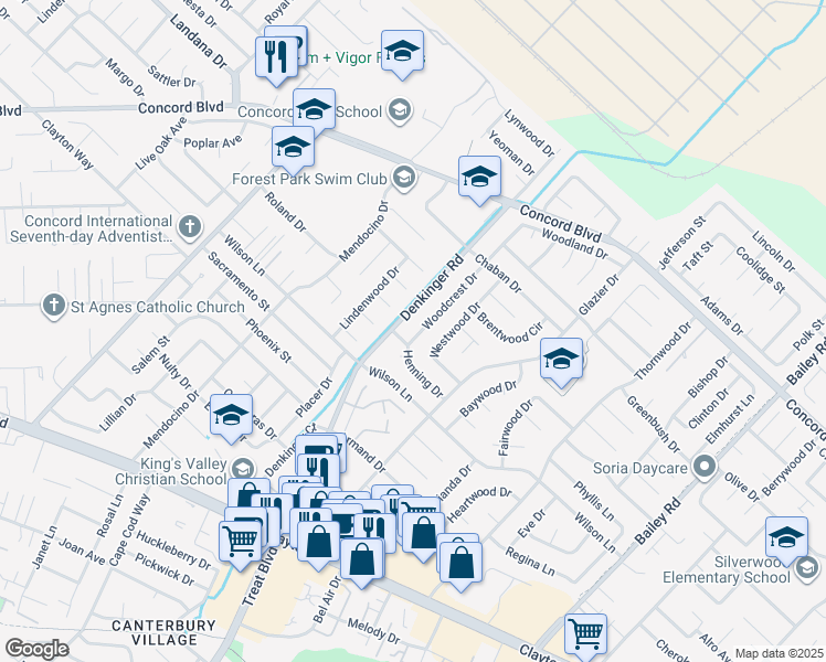 map of restaurants, bars, coffee shops, grocery stores, and more near 1691 Woodcrest Drive in Concord