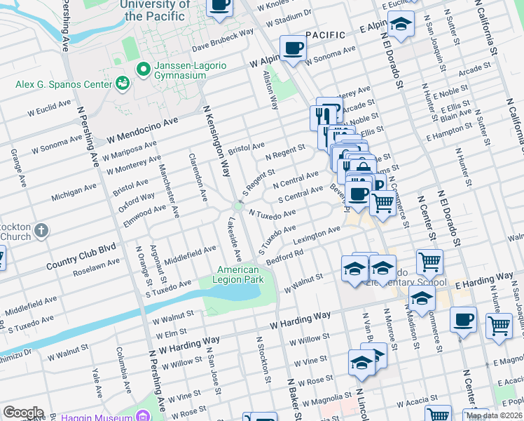 map of restaurants, bars, coffee shops, grocery stores, and more near 729 North Tuxedo Avenue in Stockton