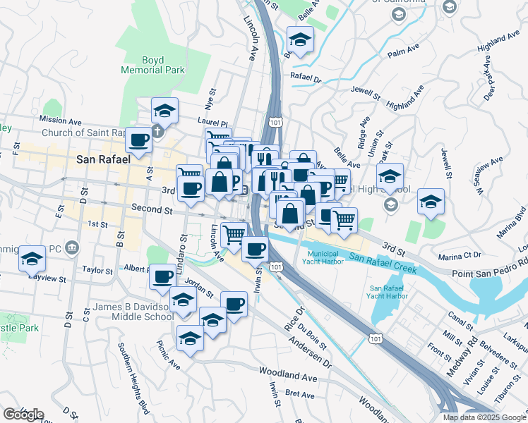map of restaurants, bars, coffee shops, grocery stores, and more near 851 Irwin Street in San Rafael