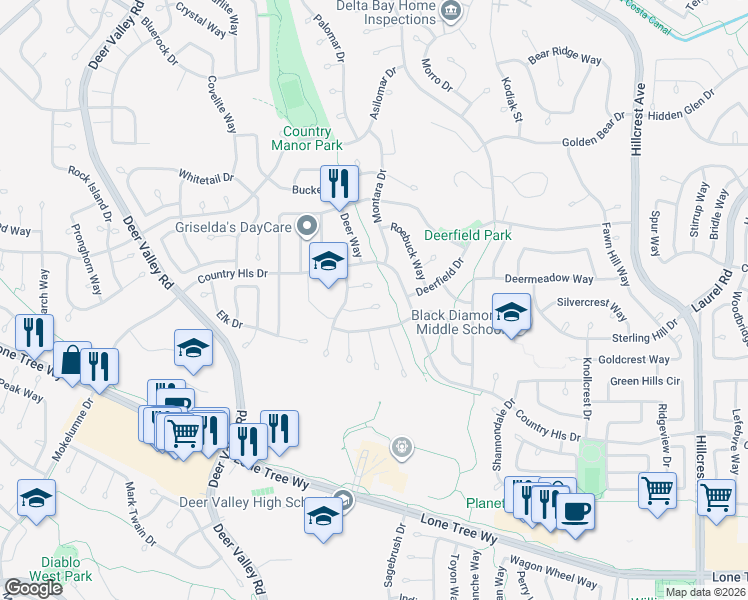 map of restaurants, bars, coffee shops, grocery stores, and more near 4334 Wallaby Court in Antioch