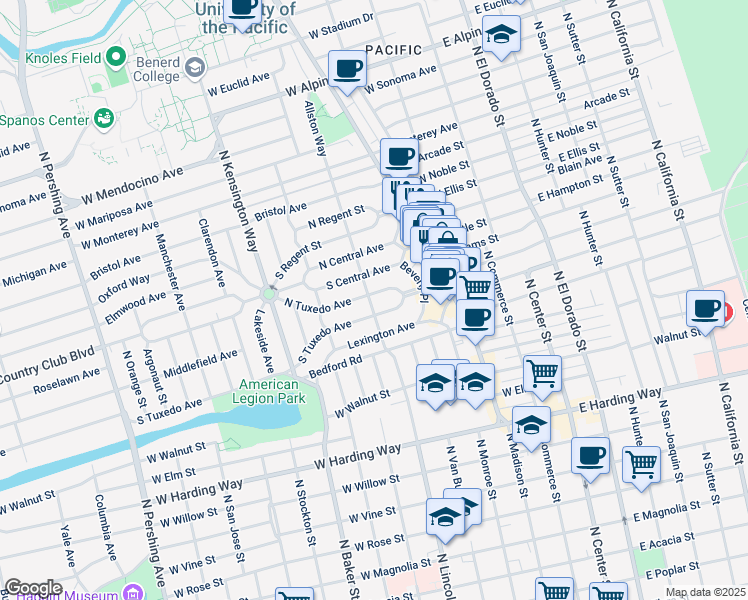 map of restaurants, bars, coffee shops, grocery stores, and more near 2226 Allston Way in Stockton