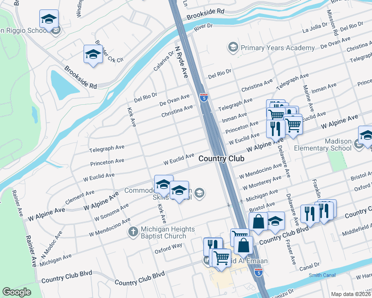 map of restaurants, bars, coffee shops, grocery stores, and more near 3432 Delano Avenue in Stockton
