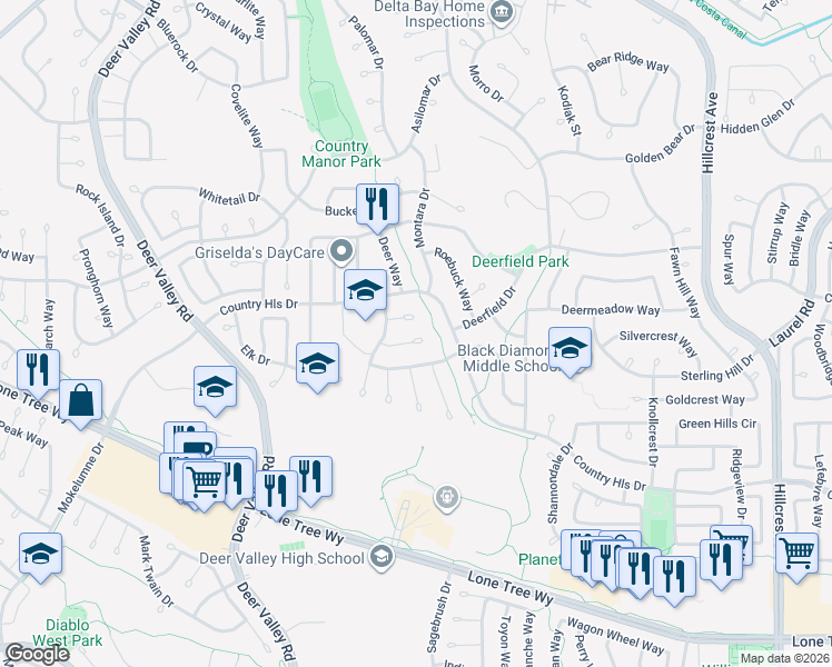 map of restaurants, bars, coffee shops, grocery stores, and more near 4334 Wallaby Court in Antioch
