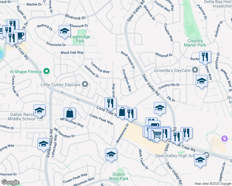 map of restaurants, bars, coffee shops, grocery stores, and more near 2613 Larch Way in Antioch