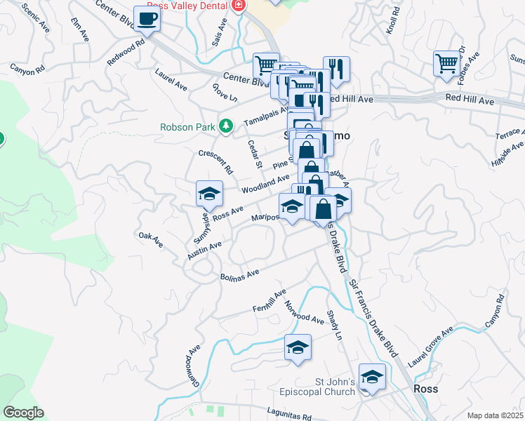 map of restaurants, bars, coffee shops, grocery stores, and more near 72 Jones Street in San Anselmo