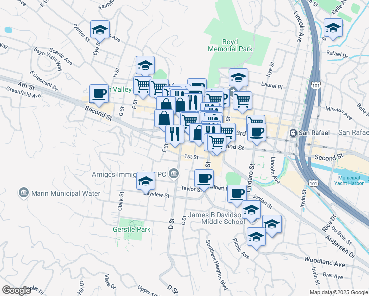 map of restaurants, bars, coffee shops, grocery stores, and more near 712 D Street in San Rafael