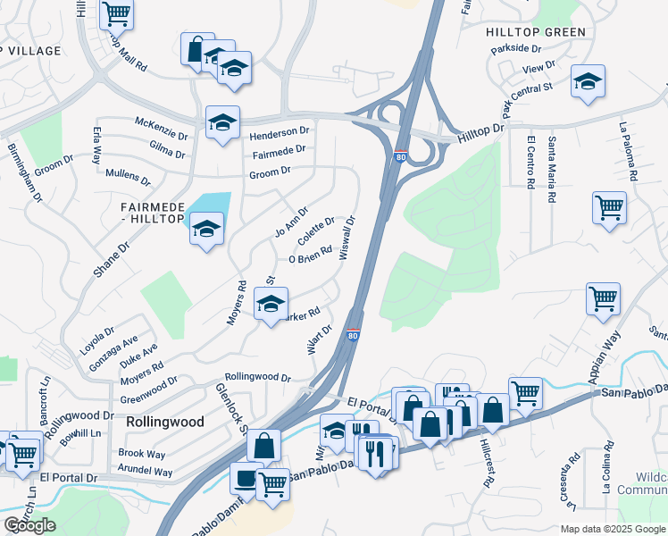 map of restaurants, bars, coffee shops, grocery stores, and more near 2806 Wiswall Drive in Richmond