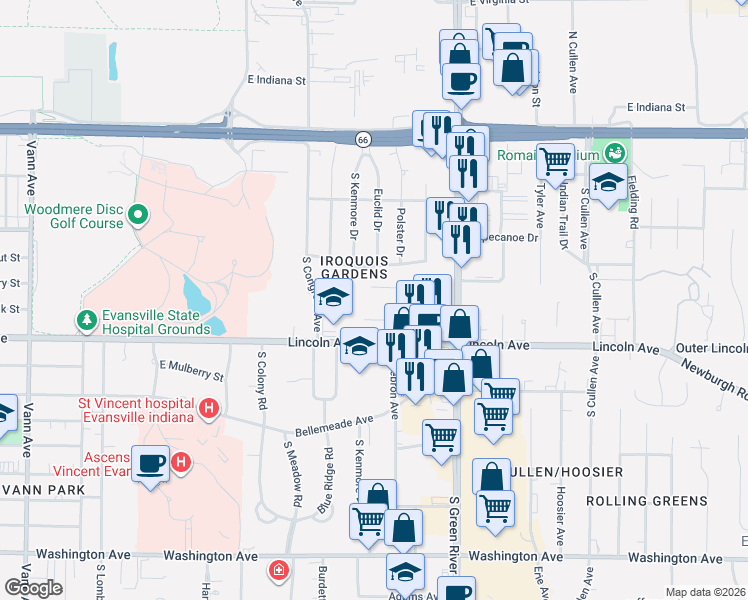 map of restaurants, bars, coffee shops, grocery stores, and more near 411 S Hebron Ave in Evansville