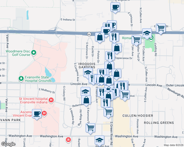 map of restaurants, bars, coffee shops, grocery stores, and more near 411 South Hebron Avenue in Evansville