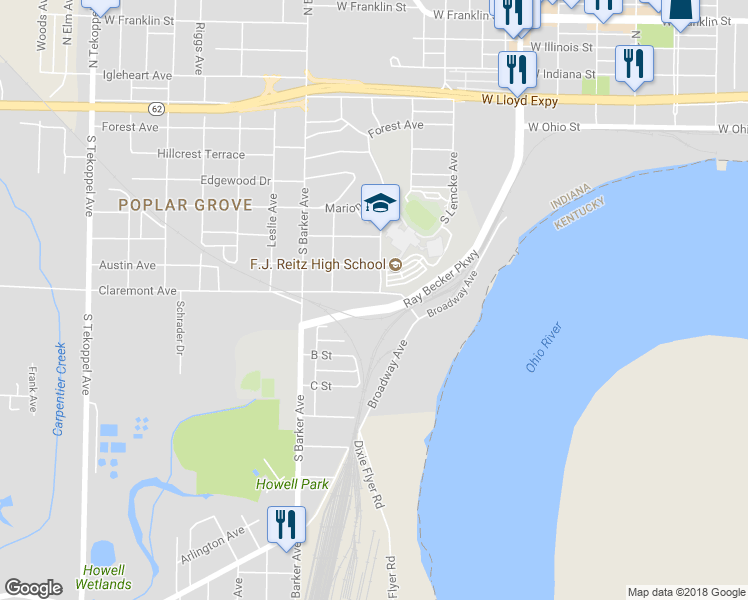 map of restaurants, bars, coffee shops, grocery stores, and more near 2708 Claremont Avenue in Evansville