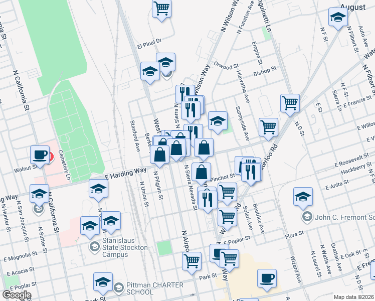 map of restaurants, bars, coffee shops, grocery stores, and more near 1532 North Sierra Nevada Street in Stockton